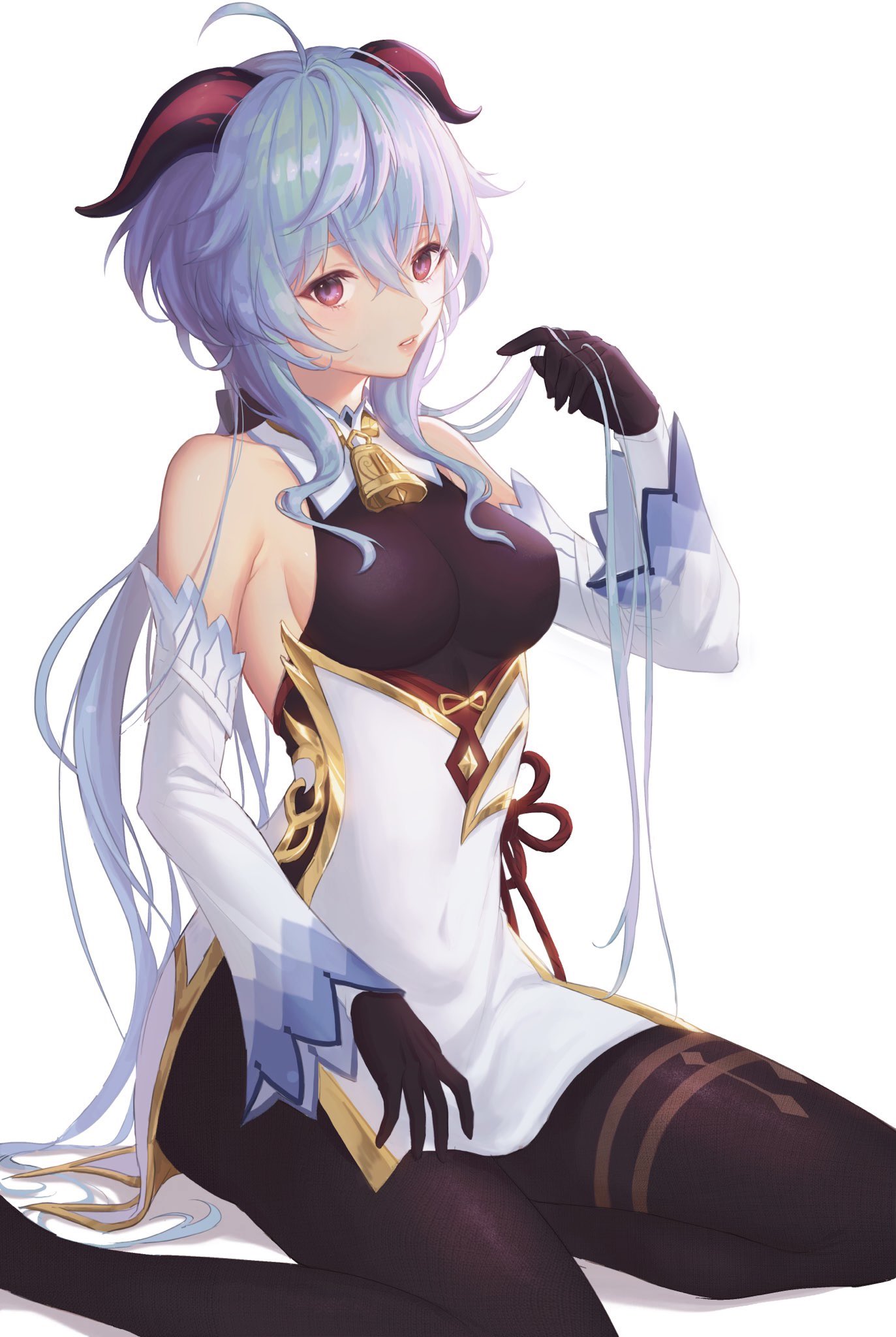 1girl, bare_shoulders, bell, black_gloves, black_legwear, blue_hair, bodystocking, breasts