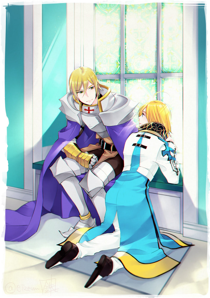 2boys, ahoge, archbishop_(ragnarok_online), armor, armored_boots, bangs, belt, black_belt, black_footwear, blonde_hair, blue_cape, blue_coat, blue_eyes, boots, breastplate, cape, closed_mouth, coat, commentary_request, cross, day, eizennn, eyebrows_visible_through_hair, full_body, gauntlets, green_eyes, hair_between_eyes, indoors, kneeling, leg_armor, looking_at_another, looking_to_the_side, male_focus, multiple_boys, paladin_(ragnarok_online), pants, pauldrons, ragnarok_online, shoes, short_hair, shoulder_armor, sitting, smile, stained_glass, two-tone_coat, white_coat, white_pants, window