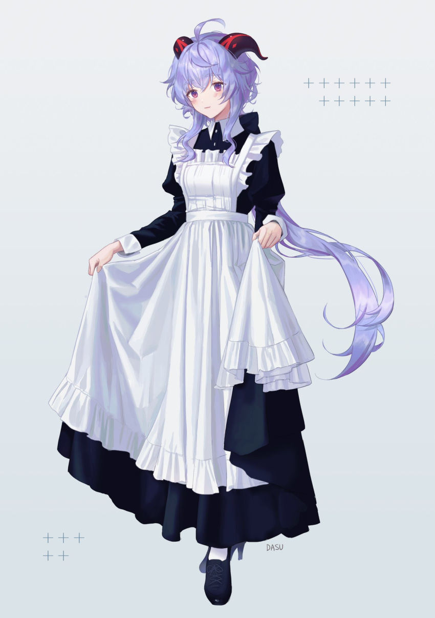 1girl, alternate_costume, apron, black_footwear, blue_hair, dress, dress_lift, enmaided, genshin_impact, goat_horns, high_heels, highres, horns, juliet_sleeves, light_blush, light_smile, long_dress, long_hair, long_sleeves, looking_at_viewer, lumine_(genshin_impact), maid, maid_apron, puffy_sleeves, shoes, solo, susu_(co0580), violet_eyes, white_legwear