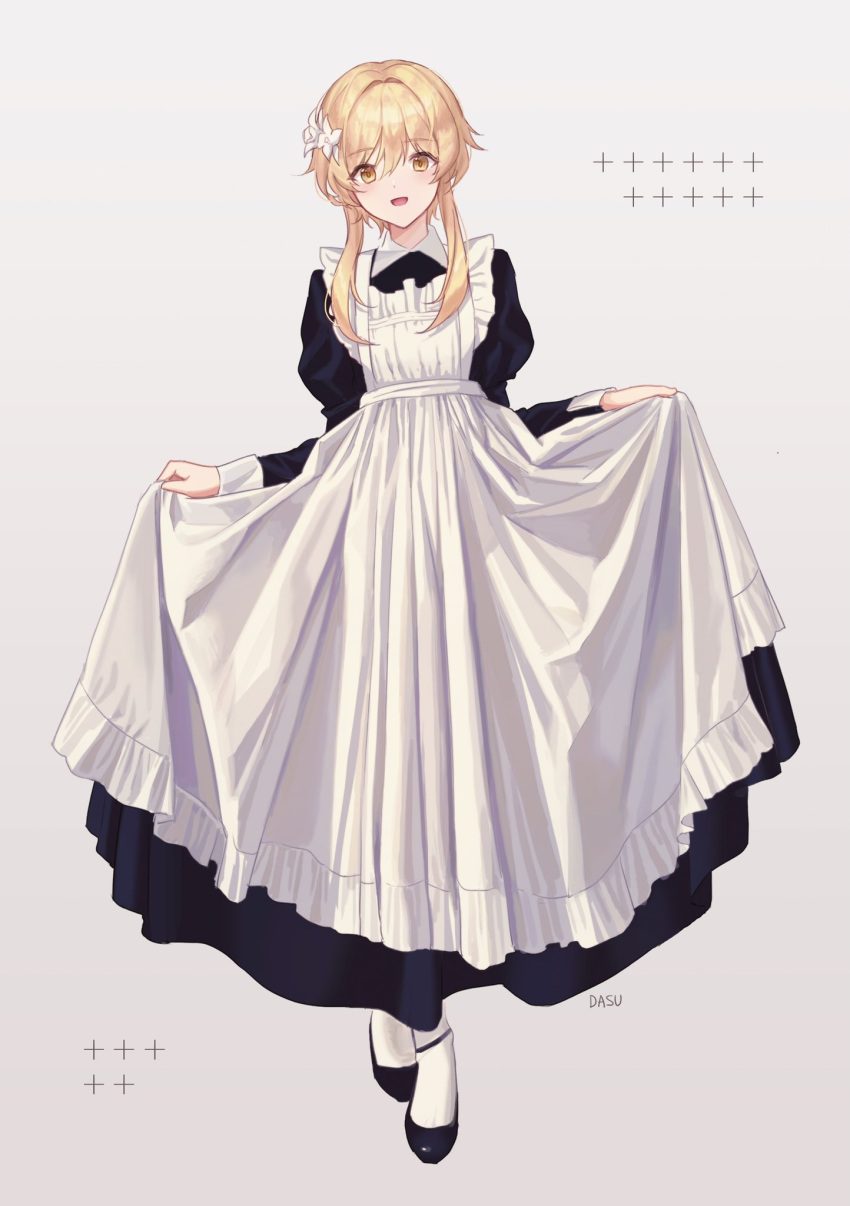 1girl, alternate_costume, apron, black_footwear, blonde_hair, dress, dress_lift, enmaided, facing_viewer, flower, genshin_impact, hair_flower, hair_ornament, highres, juliet_sleeves, light_blush, long_dress, long_sleeves, looking_at_viewer, lumine_(genshin_impact), maid, maid_apron, open_mouth, puffy_sleeves, shoes, short_hair, short_hair_with_long_locks, smile, solo, susu_(co0580), white_flower, white_legwear, yellow_eyes