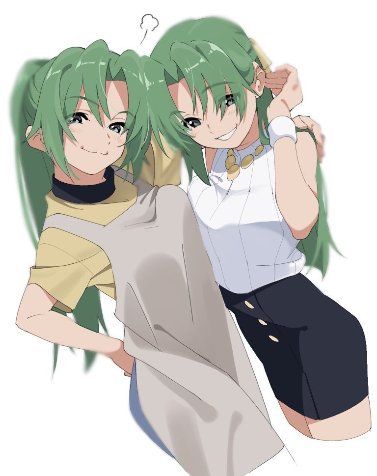 2girls, =3, apron, arm_around_shoulder, aru_aru, cropped_legs, green_eyes, green_hair