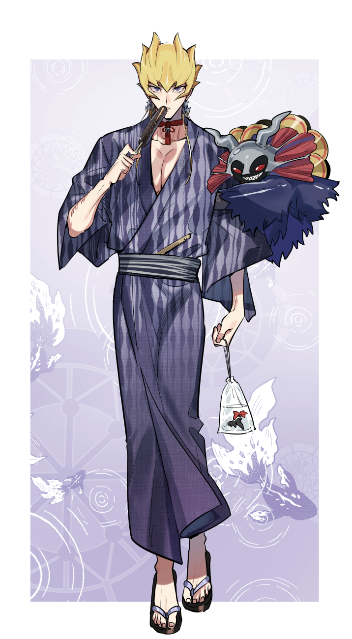 1boy, alternate_costume, bag, bagged_fish, black_footwear, black_sash, blonde_hair, blue_kimono, border, collarbone, commentary_request, creature, dark_resonator, duel_monster, earrings, fish, food, full_body, hair_between_eyes, helmet, highres, holding, holding_bag, holding_food, jack_atlas, japanese_clothes, jewelry, kimono, koi, looking_at_viewer, obi, open_mouth, purple_background, sandals, sash, short_hair, short_sleeves, spiky_hair, torinomaruyaki, violet_eyes, walking, water, white_border, wide_sleeves, yu-gi-oh!, yu-gi-oh!_5d's