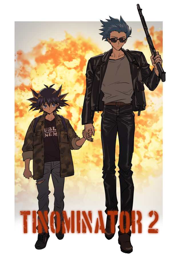 2boys, backpack, bag, bangs, black_footwear, black_hair, black_jacket, black_pants