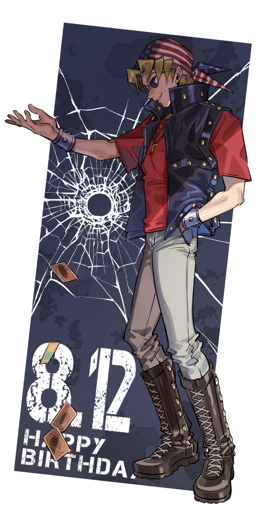 1boy, american_flag, american_flag_print, bandana, beige_pants, black_vest, blonde_hair, boots