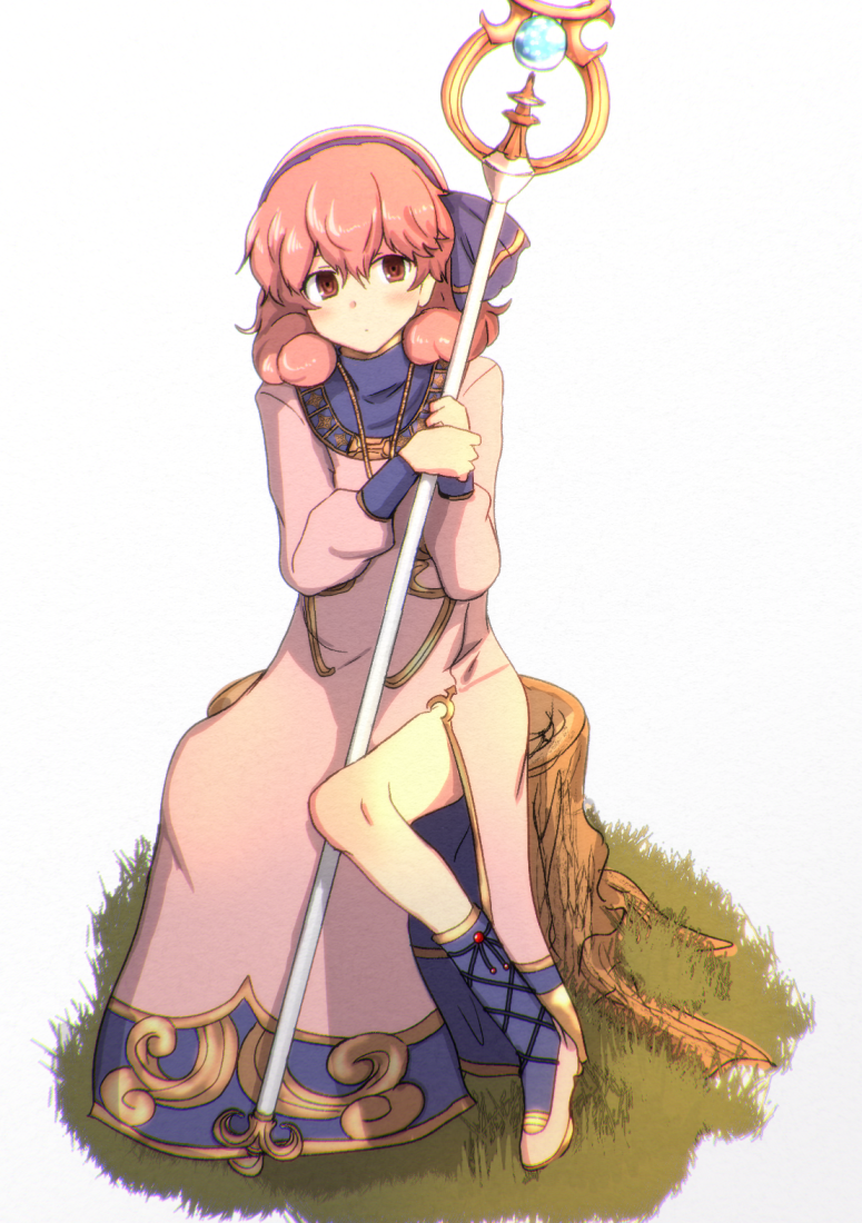 1girl, amulet, fire_emblem, fire_emblem_echoes:_shadows_of_valentia, genny_(fire_emblem), grass, hair_ribbon, hiramine_akira
