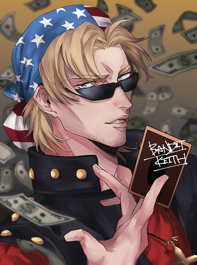 1boy, american_flag, american_flag_print, bandana, bangs, black_vest, blonde_hair, blue_eyes