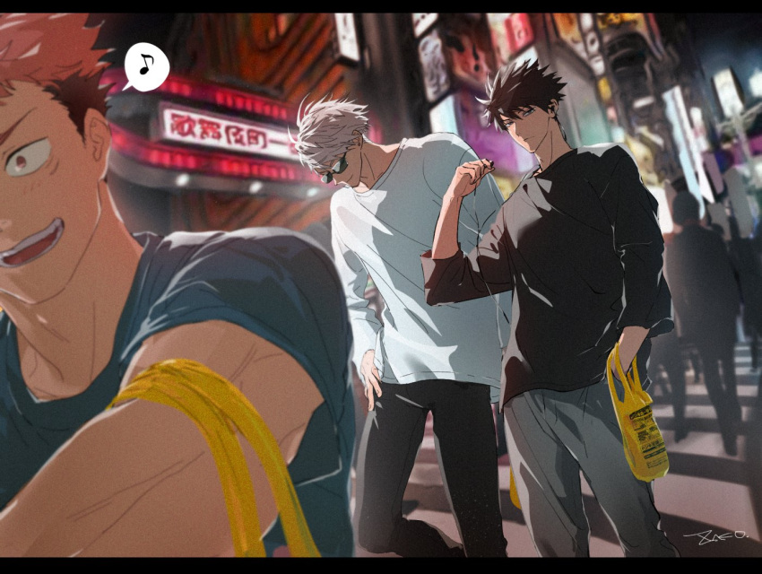 3boys, bag, black_border, black_eyes, black_hair, black_pants, black_shirt, blue_shirt