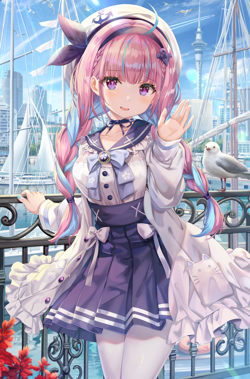 1girl, bangs, bird, blue_hair, blue_sky, blush, braid, colored_inner_hair