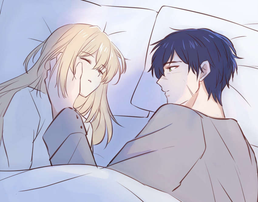 1boy, 1girl, bangs, bed_sheet, blanket, blonde_hair, blush, closed_mouth