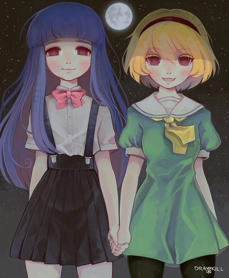 2girls, black_skirt, blonde_hair, bow, drawkill, dress, furude_rika, green_dress