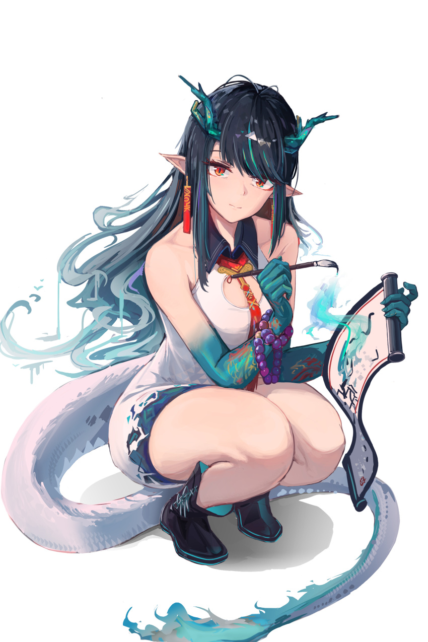 1girl, absurdres, arknights, bare_shoulders, black_footwear, black_hair, dusk_(arknights), earrings