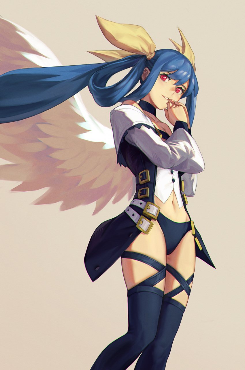 1girl, absurdres, agrafl, angel_wings, belt, belt_buckle, black_legwear, black_panties, blue_hair, buckle, dizzy_(guilty_gear), guilty_gear, hair_rings, hands_together, highres, long_hair, midriff, open_clothes, open_skirt, panties, red_eyes, skirt, thigh-highs, thigh_strap, twintails, underwear, very_long_hair, wings