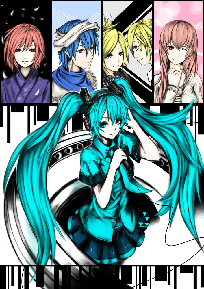 2boys, 4girls, aqua_eyes, aqua_hair, blonde_hair, blue_hair, brown_hair, hatsune_miku