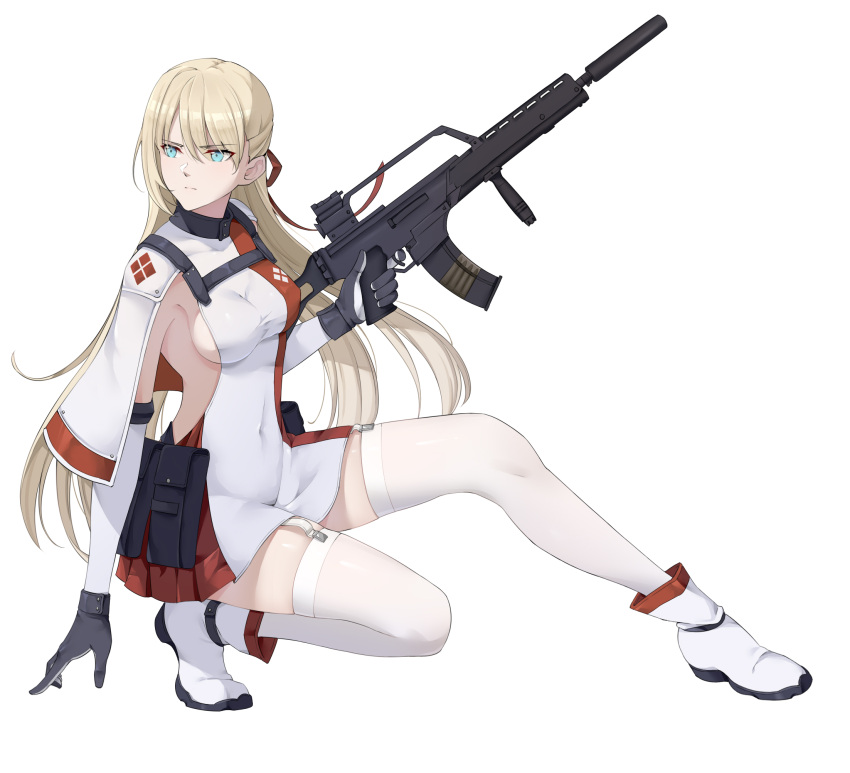 1girl, alternate_uniform, aqua_eyes, assault_rifle, black_gloves, blonde_hair, breasts, closed_mouth, concert, covered_navel, eyebrows_visible_through_hair, g36_(girls_frontline), girls_frontline, gloves, gun, h&amp;k_g36, hair_ribbon, hand_on_floor, highres, holding, holding_weapon, holster, long_hair, looking_at_viewer, looking_away, medium_breasts, original, red_ribbon, ribbon, rifle, sitting, solo, uniform, weapon, white_background, white_footwear, white_legwear, wsfw