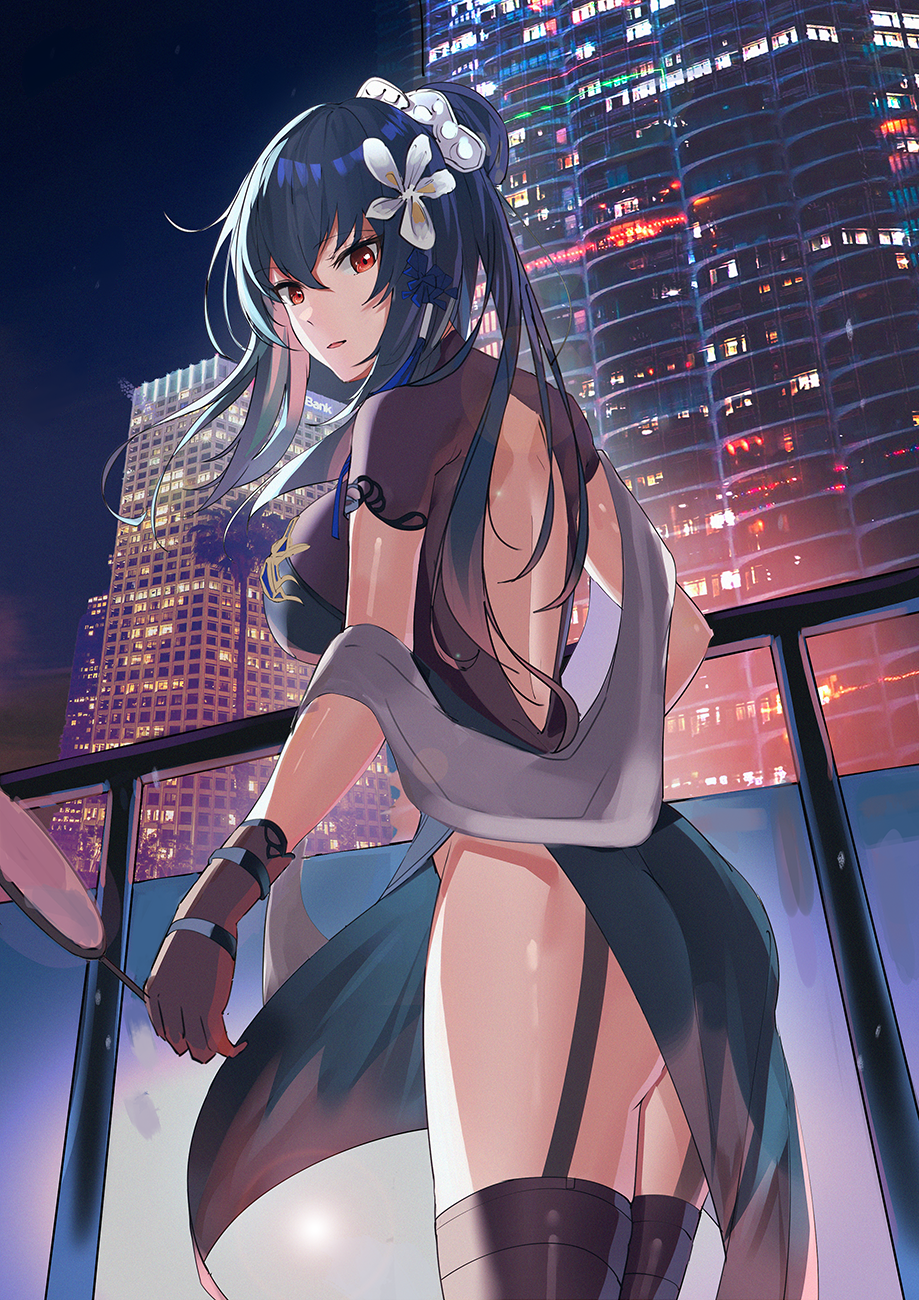 1girl, azur_lane, bangs, black_legwear, breasts, building, china_dress, chinese_clothes