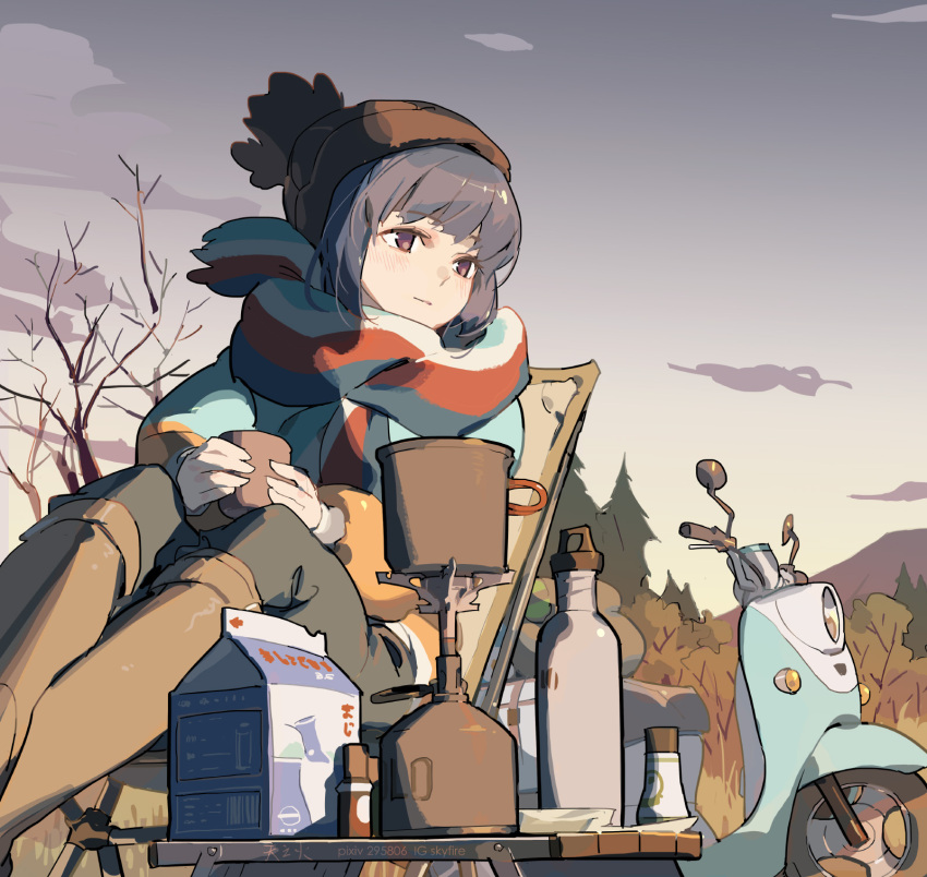 1girl, blue_hair, chair, chinese_commentary, commentary_request, cup, folding_chair, ground_vehicle