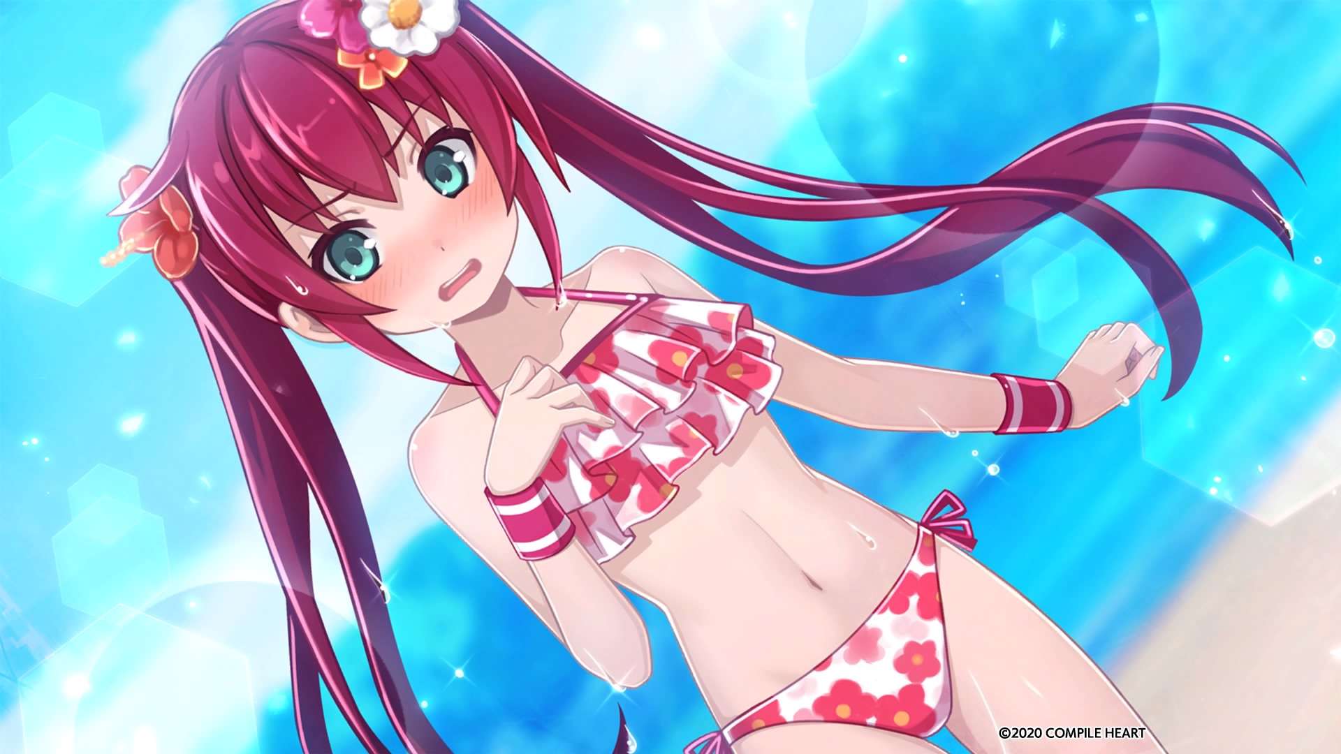 1girl, blush, flower, green_eyes, hair_flower, hair_ornament, highres, looking_at_viewer, mary_skelter, nanameda_kei, ocean, oyayubihime_(mary_skelter), redhead, solo, swimsuit, wet