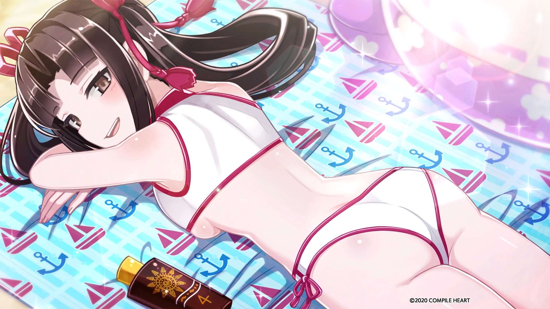 1girl, blush, brown_eyes, brown_hair, highres, kaguyahime_(mary_skelter), looking_at_viewer, lotion