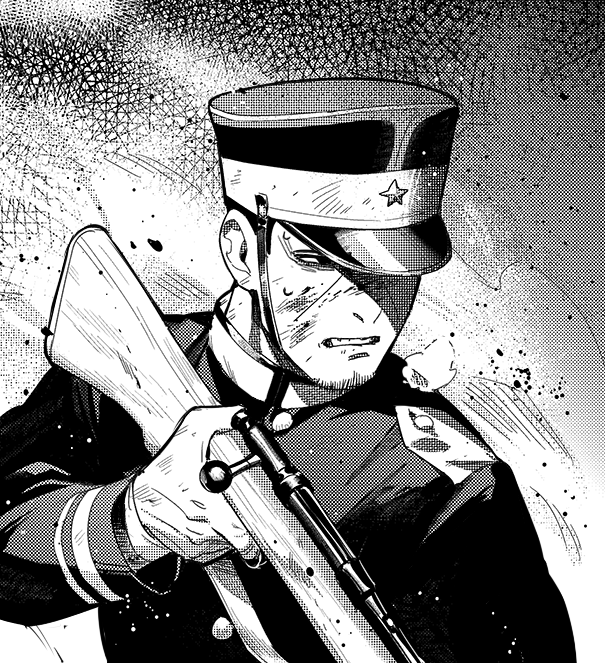 1boy, black_eyes, clenched_teeth, facial_hair, golden_kamuy, greyscale, gun, male_focus, military, military_uniform, monochrome, rifle, solo, stubble, teeth, tsukishima_hajime, uniform, upper_body, weapon, zoo_(oukakumaku)