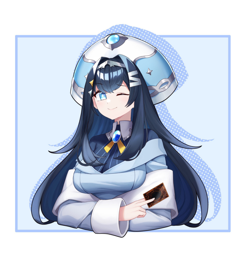 1girl, bangs, blue_eyes, blue_hair, blue_sweater, breasts, card, cropped_torso