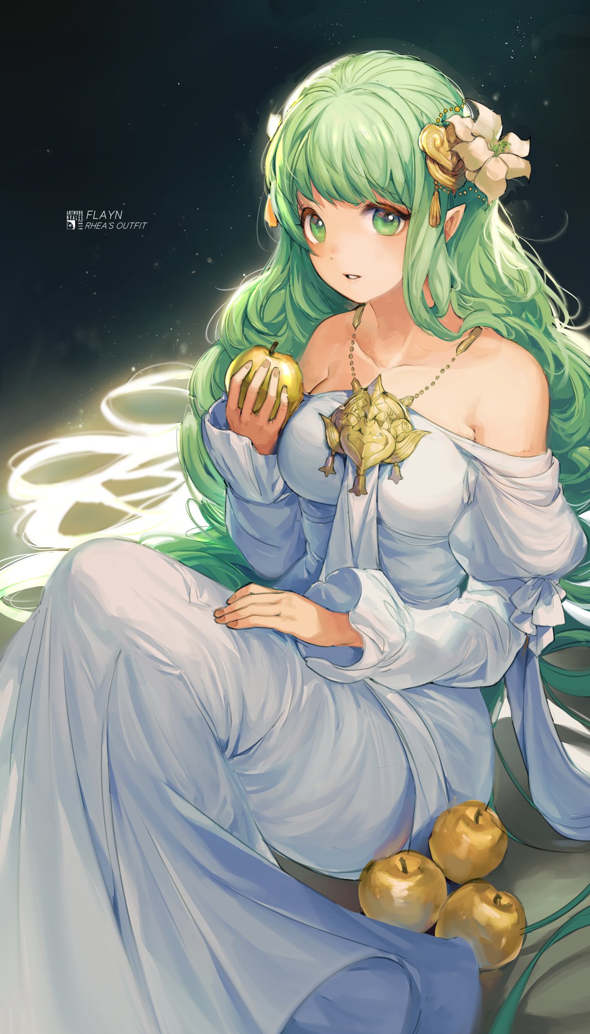 1girl, apple, bangs, bare_shoulders, breasts, character_name, commentary, cosplay, dress, fire_emblem, fire_emblem:_three_houses, flayn_(fire_emblem), flower, food, fruit, golden_apple, green_eyes, green_hair, hair_flower, hair_ornament, highres, holding, holding_food, holding_fruit, juliet_sleeves, long_dress, long_hair, long_sleeves, looking_at_viewer, medium_breasts, off-shoulder_dress, off_shoulder, parted_lips, pointy_ears, puffy_sleeves, rhea_(fire_emblem), rhea_(fire_emblem)_(cosplay), sitting, solo, symbol_commentary, velahka, white_dress, white_flower