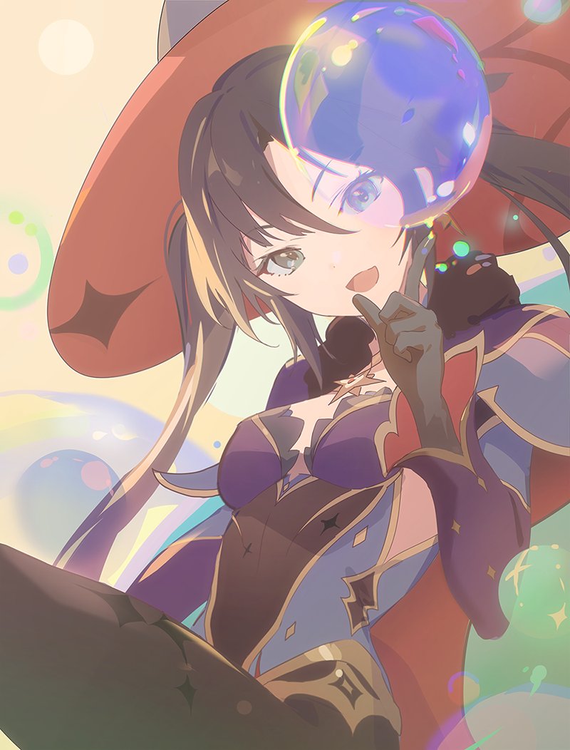 1girl, air_bubble, bangs, black_gloves, black_legwear, breasts, brown_hair, bubble