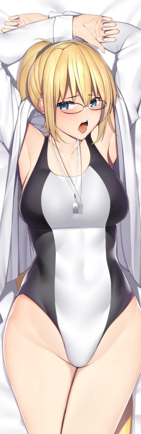 1girl, arms_up, blonde_hair, blue_eyes, breasts, commentary_request, competition_swimsuit, cowboy_shot