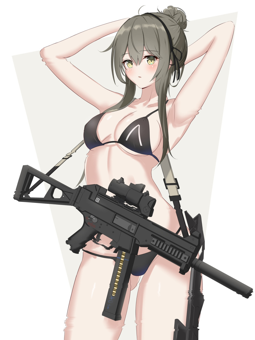 1girl, alternate_costume, alternate_hairstyle, armpits, bikini, black_bikini, error, girls_frontline