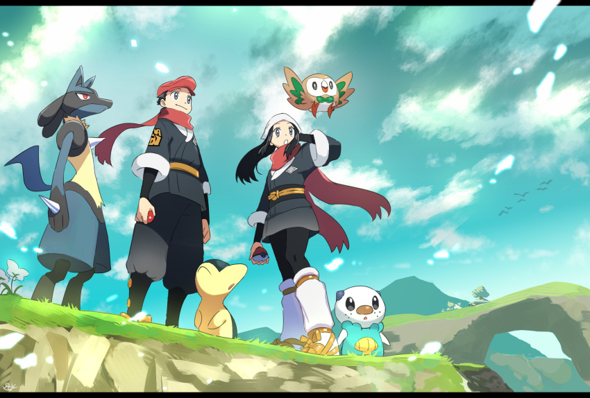1boy, 1girl, bird, blue_sky, cyndaquil, female_protagonist_(pokemon_legends:_arceus), flower, gen_2_pokemon
