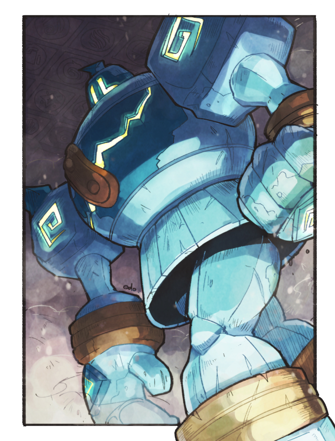 border, clenched_hand, commentary_request, from_below, gen_5_pokemon, golem, golurk, indoors, looking_at_viewer, no_humans, odo_7ta, outside_border, pokemon, pokemon_(creature), solo, white_border, yellow_eyes