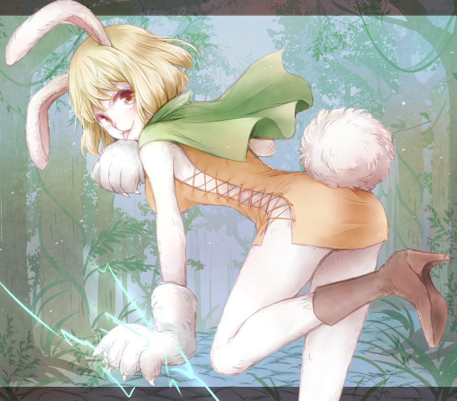 0aoiurn0, 1girl, :p, animal_ears, blonde_hair, body_fur, boots, brown_eyes