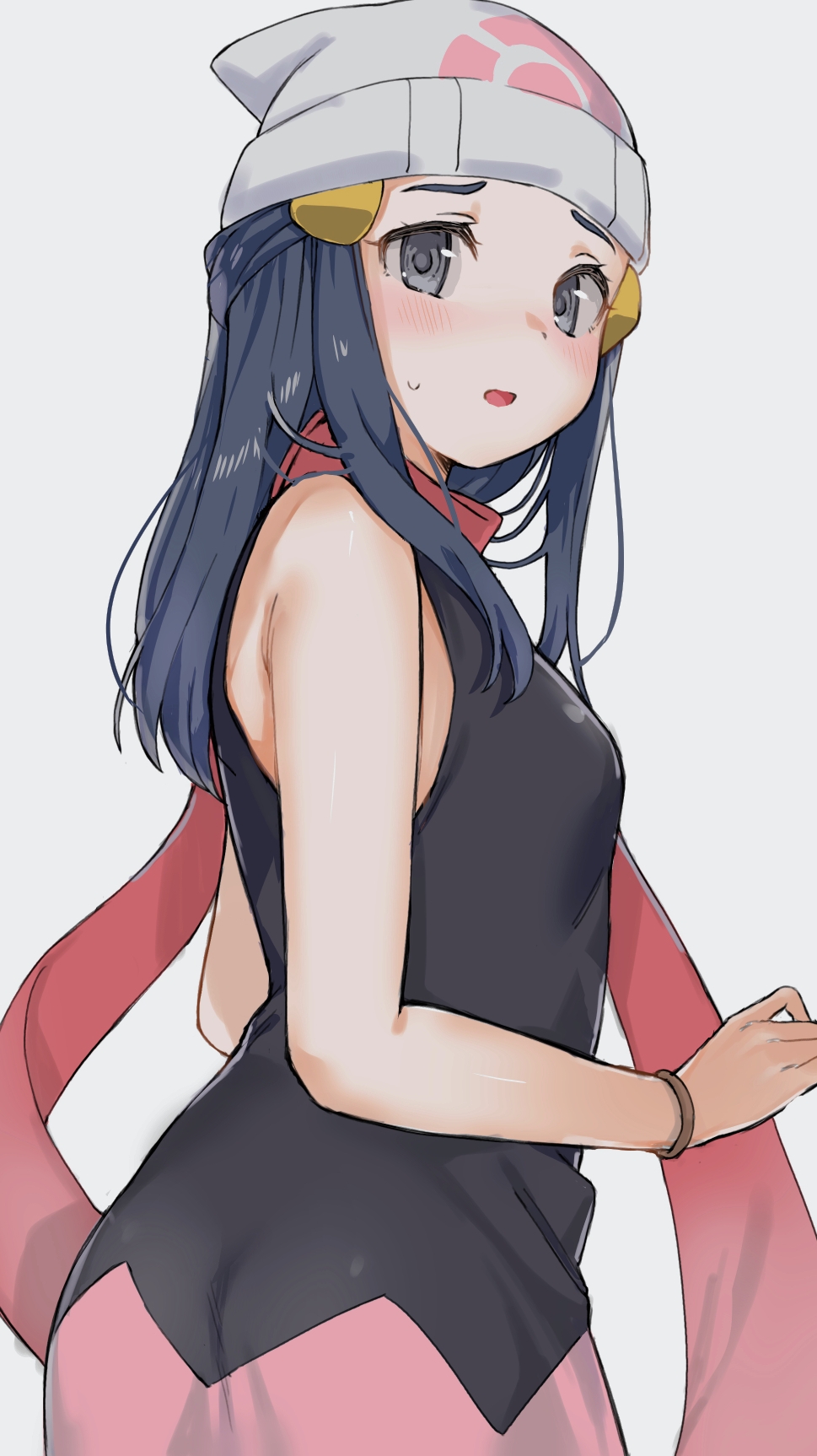 1girl, beanie, black_hair, blush, bracelet, commentary, hikari_(pokemon), dress, eyelashes, gaeguribanchan, grey_eyes, hair_ornament, hairclip, hat, highres, jewelry, long_hair, looking_at_viewer, looking_back, open_mouth, pokemon, pokemon_(game), pokemon_dppt, scarf, sidelocks, simple_background, sleeveless, sleeveless_dress, solo, sweatdrop, tongue, two-tone_dress, white_background, white_headwear