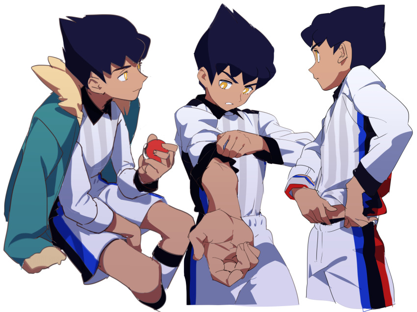 1boy, adjusting_sleeves, bangs, black_hair, bright_pupils, closed_mouth, collared_shirt, dark_skin