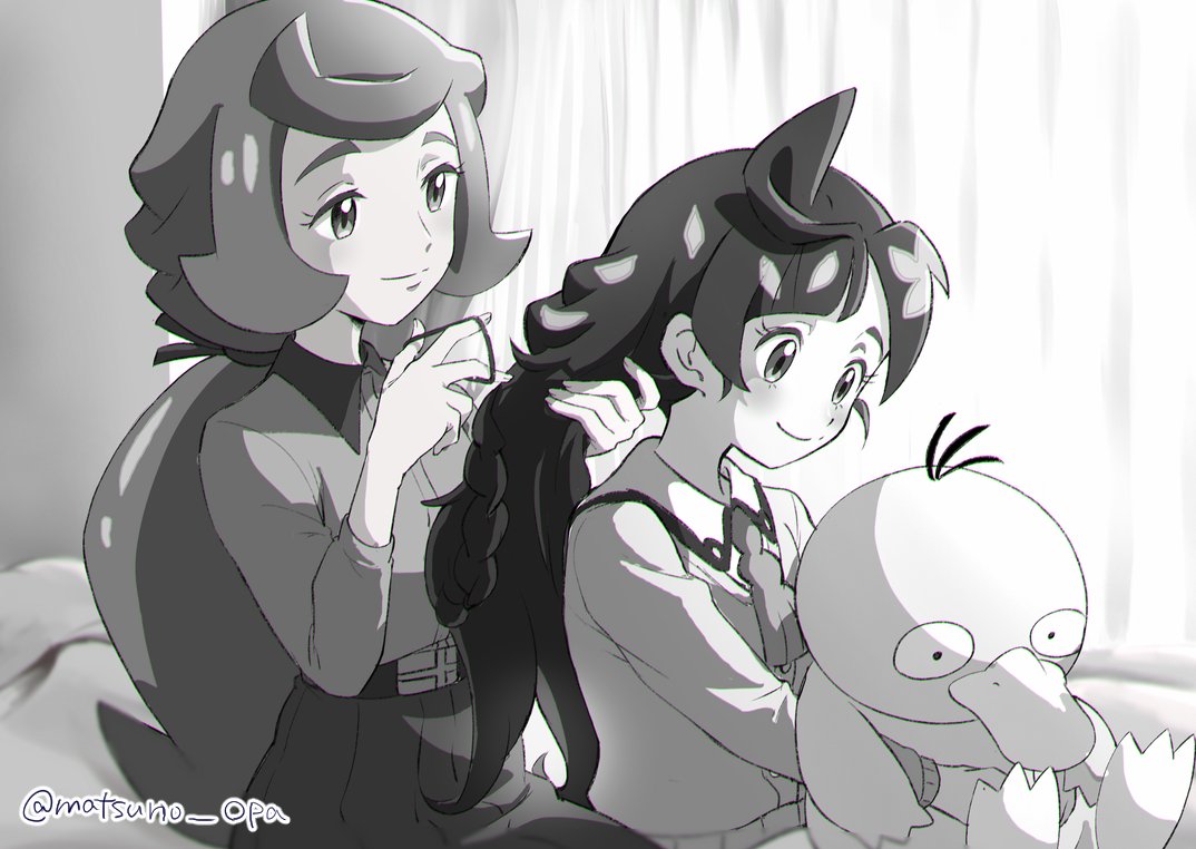 2girls, adjusting_hair, artist_name, ascot, bangs, blush, character_doll, chloe_(pokemon), chrysa_(pokemon), closed_mouth, collared_shirt, commentary_request, curtains, doll, eyelashes, gen_1_pokemon, greyscale, holding, holding_doll, indoors, long_hair, matsuno_opa, monochrome, multiple_girls, pokemon, pokemon_(anime), pokemon_swsh_(anime), psyduck, shirt, sitting, smile, tied_hair, watermark