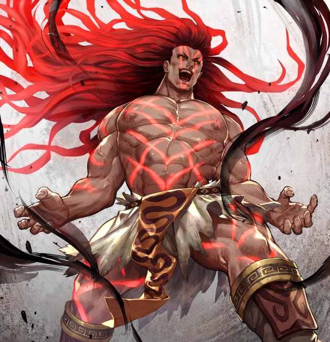 1boy, abs, biceps, brown_hair, bulge, character_request, claw_pose, copyright_request