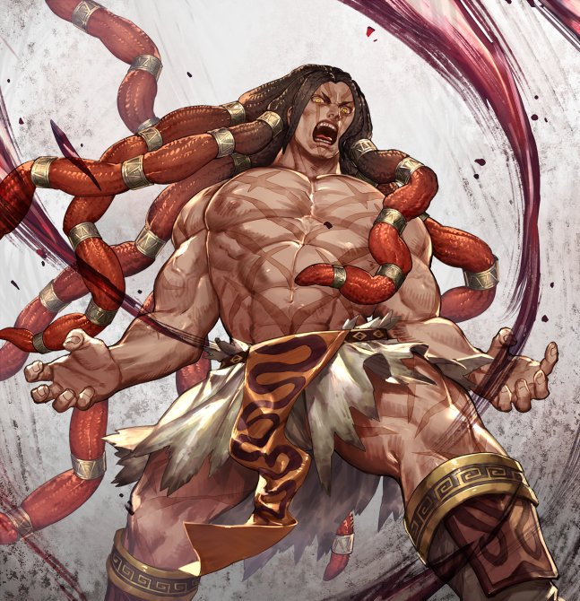 1boy, abs, biceps, brown_hair, bulge, claw_pose, cross_scar, feet_out_of_frame, fighting_stance, floating_hair, gradient_hair, large_pectorals, long_hair, male_focus, mature_male, multicolored_hair, muscular, muscular_male, navel, necalli, nipples, redhead, roaring, scar, scar_on_chest, shirtless, solo, stomach, street_fighter, street_fighter_v, thighs, torn_clothes, zoo_(oukakumaku)