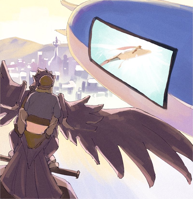 1boy, aircraft, brown_footwear, building, cabbie_(pokemon), commentary_request, corviknight, day