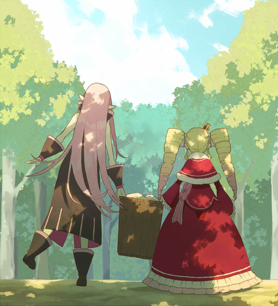 2girls, basket, beatrice_(re:zero), blonde_hair, boots, bow, capelet, clouds, commentary_request, crown, day, dress, drill_hair, frills, from_behind, fur-trimmed_capelet, fur_trim, holding, holding_basket, lewes_meyer, long_hair, mini_crown, multiple_girls, outdoors, parupin, pink_bow, pink_hair, pointy_ears, re:zero_kara_hajimeru_isekai_seikatsu, red_capelet, red_dress, sidelocks, sky, standing, standing_on_one_leg, tied_hair, tree, twin_drills, twintails