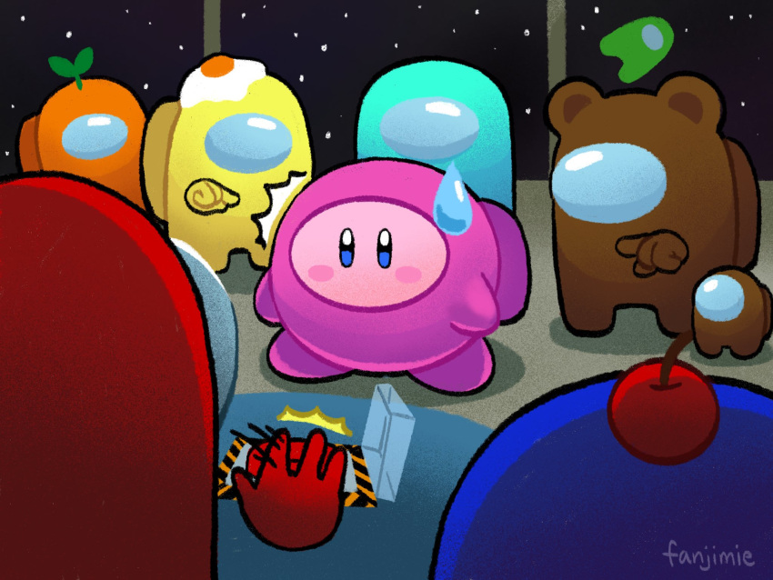 ^^^, among_us, artist_name, blue_eyes, blush_stickers, cherry, circle_formation, commentary, english_commentary, fanjimie, food, food_on_head, fried_egg, fruit, fruit_on_head, full_body, highres, indoors, kirby, kirby_(series), looking_at_another, looking_at_viewer, mini_crewmate_(among_us), motion_lines, no_humans, notice_lines, object_on_head, plant, plant_on_head, pointing_at_another, signature, sky, space, space_station, spacesuit, standing, star_(sky), starry_sky, sweatdrop, symbol_commentary