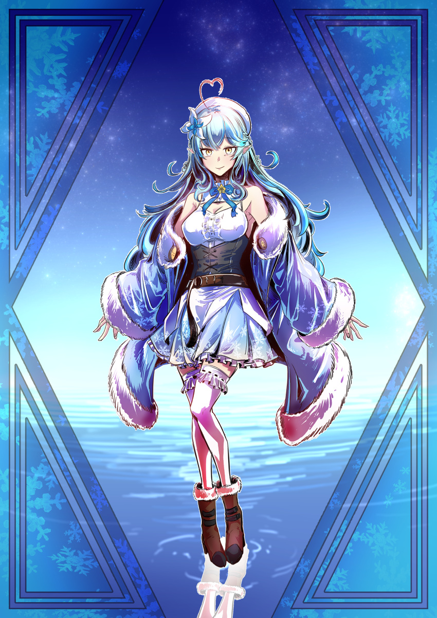 1girl, absurdres, ahoge, armpit_peek, blue_hair, blue_jacket, blue_skirt, boots