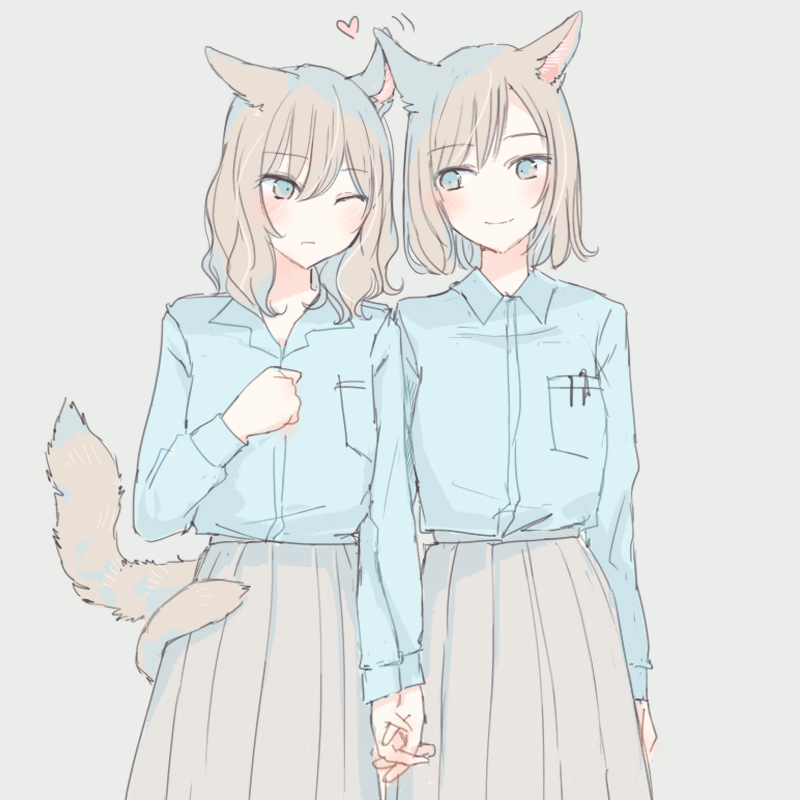 2girls, animal_ears, arm_at_side, blue_eyes, blue_shirt, blush, cat_ears, cat_tail