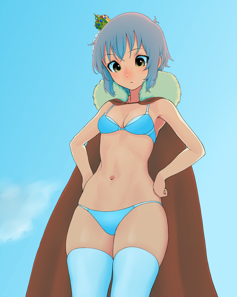 1girl, bare_arms, bare_shoulders, bikini, blue_background, blue_bikini, blue_legwear, blue_sky