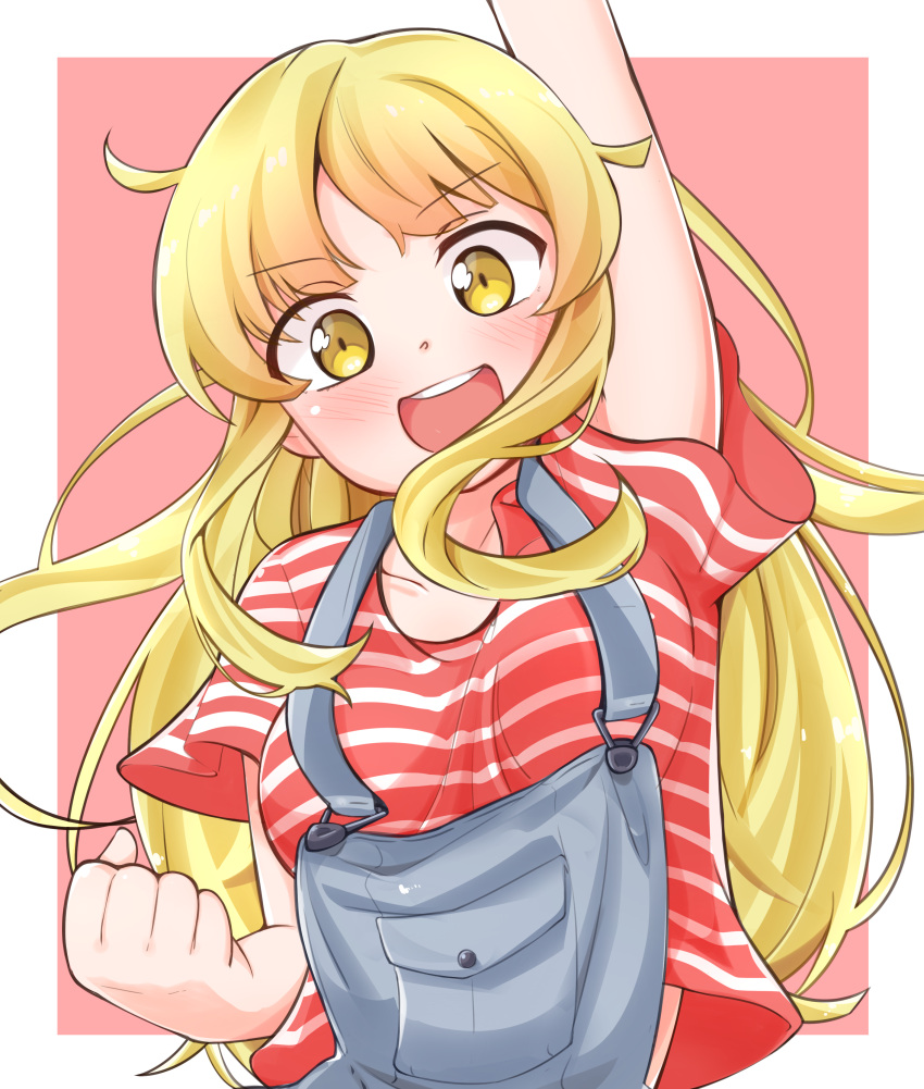 1girl, :d, absurdres, arm_up, bang_dream!, bangs, blonde_hair, blush