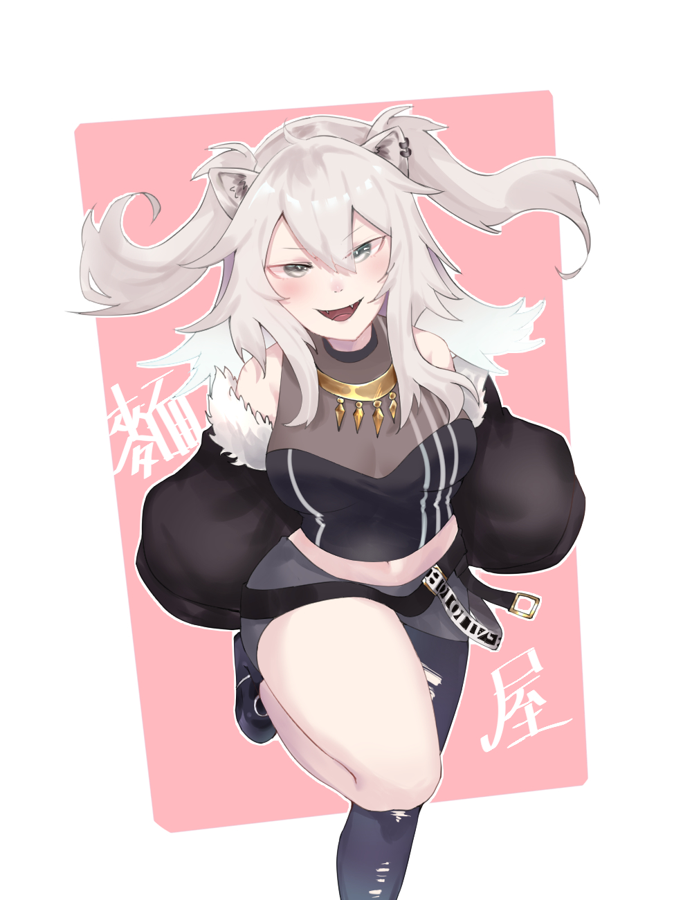 1girl, animal_ear_fluff, animal_ears, bangs, black_jacket, blush, breasts, cropped_shirt
