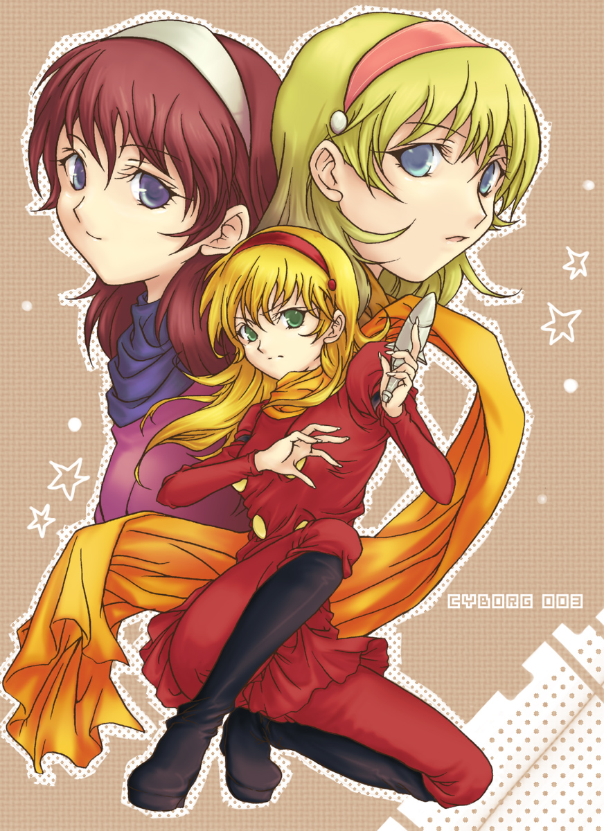 2girls, 3girls, blue_eyes, boots, brown_hair, cyborg_009, francoise_arnoul, green_eyes