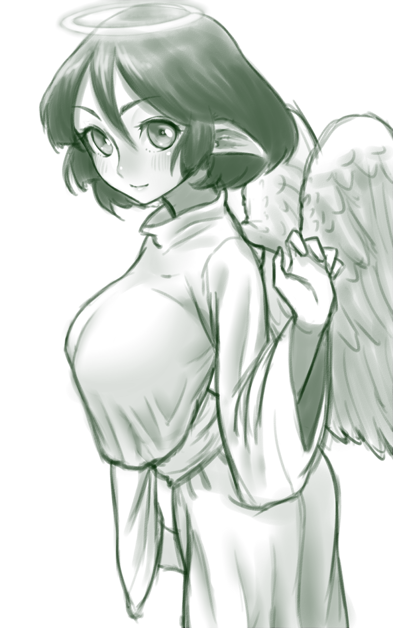 1girl, angel, angel_wings, breasts, closed_mouth, feathered_wings, from_side, gishu