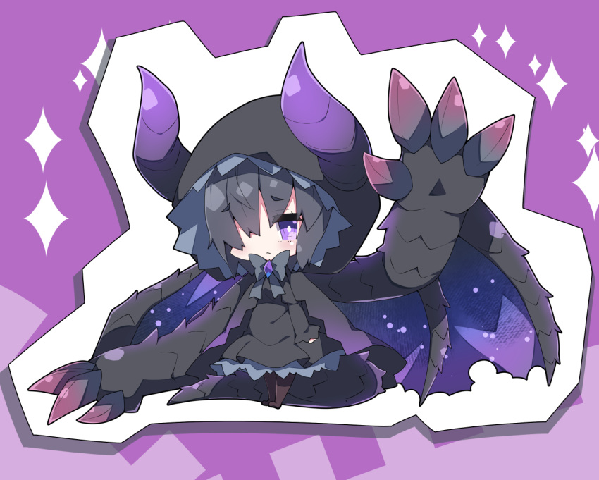 1girl, black_cape, black_dress, black_legwear, cape, chibi, commentary_request, curled_horns, dragon_girl, dragon_horns, dragon_tail, dragon_wings, dress, full_body, gore_magala, hood, hood_up, hooded_cape, horns, horns_through_headwear, juliet_sleeves, long_sleeves, milkpanda, monster_hunter, no_shoes, pantyhose, personification, puffy_sleeves, purple_background, purple_wings, sleeves_past_wrists, solo, sparkle, standing, tail, wide_sleeves, wings