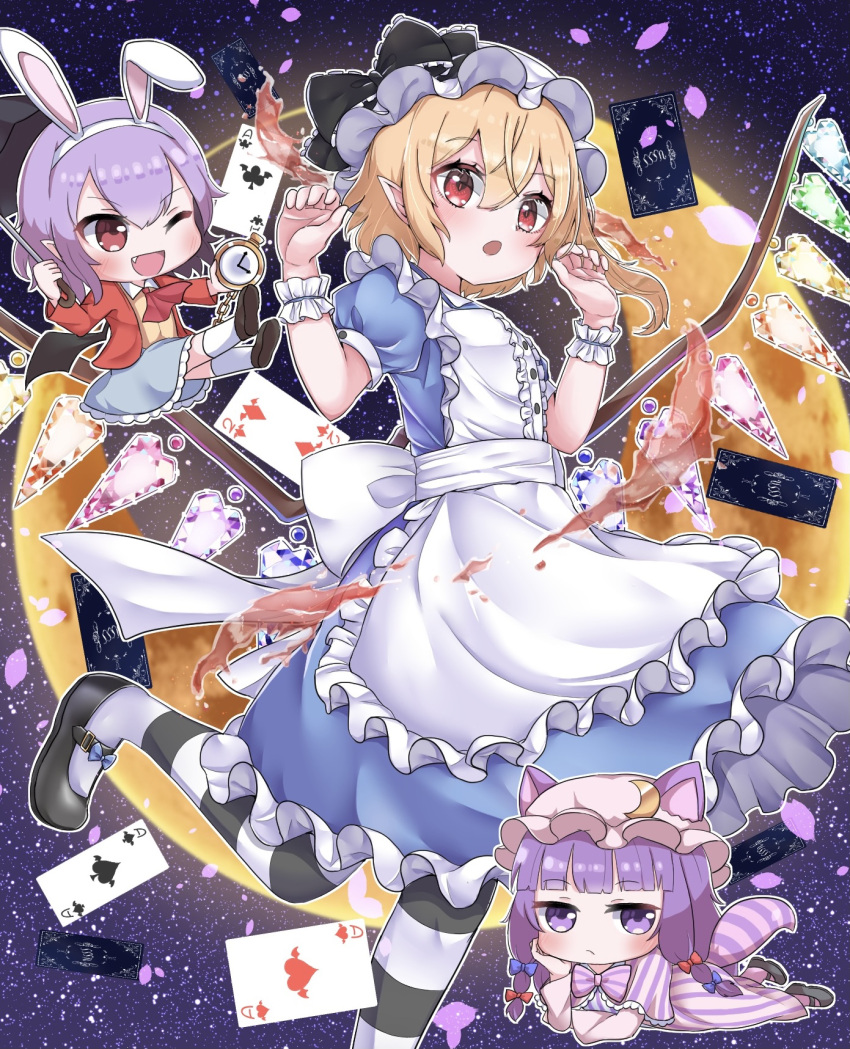 3girls, :o, ace_of_clubs, ace_of_hearts, ace_of_spades, alice_(wonderland), alice_(wonderland)_(cosplay), alice_in_wonderland, animal_ears, apron, arms_up, bangs, bat_wings, black_footwear, blonde_hair, blue_dress, blue_skirt, blunt_bangs, bored, brown_footwear, card, cat_ears, cat_tail, chibi, club_(shape), commentary_request, cosplay, cravat, crescent, crescent_hair_ornament, diamond_(shape), dress, ears_through_headwear, elbow_rest, eyebrows_visible_through_hair, fang, flandre_scarlet, foot_out_of_frame, full_moon, hair_between_eyes, hair_ornament, hand_on_own_face, hat, heart, highres, holding, holding_pocket_watch, holding_umbrella, jacket, kemonomimi_mode, kneehighs, leg_lift, looking_at_viewer, lying, mary_janes, mob_cap, moon, multiple_girls, on_stomach, one_eye_closed, open_clothes, open_jacket, open_mouth, outstretched_legs, pantyhose, partial_commentary, patchouli_knowledge, petals, petticoat, pink_headwear, playing_card, pointy_ears, puffy_short_sleeves, puffy_sleeves, purple_hair, rabbit_ears, red_eyes, red_jacket, red_neckwear, remilia_scarlet, remitei03, sash, shirt, shoes, short_hair, short_sleeves, skirt, sky, standing, standing_on_one_leg, star_(sky), starry_sky, striped, striped_capelet, striped_dress, striped_legwear, striped_tail, tail, touhou, two_of_diamonds, umbrella, violet_eyes, white_headwear, white_legwear, wings, wrist_cuffs, yellow_shirt
