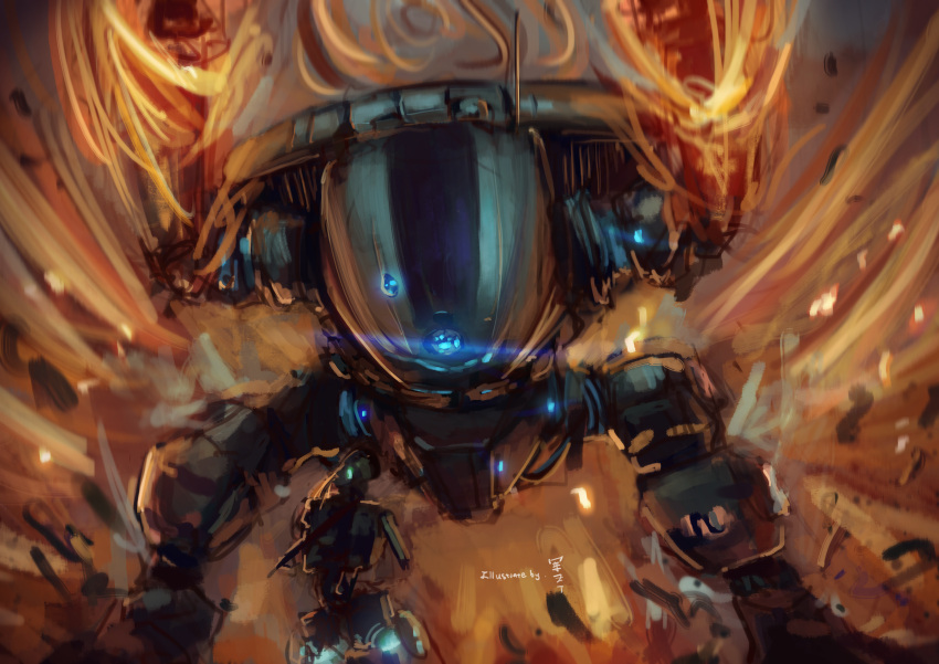 absurdres, artist_name, blue_eyes, fire, glowing, glowing_eyes, gun, hands_up