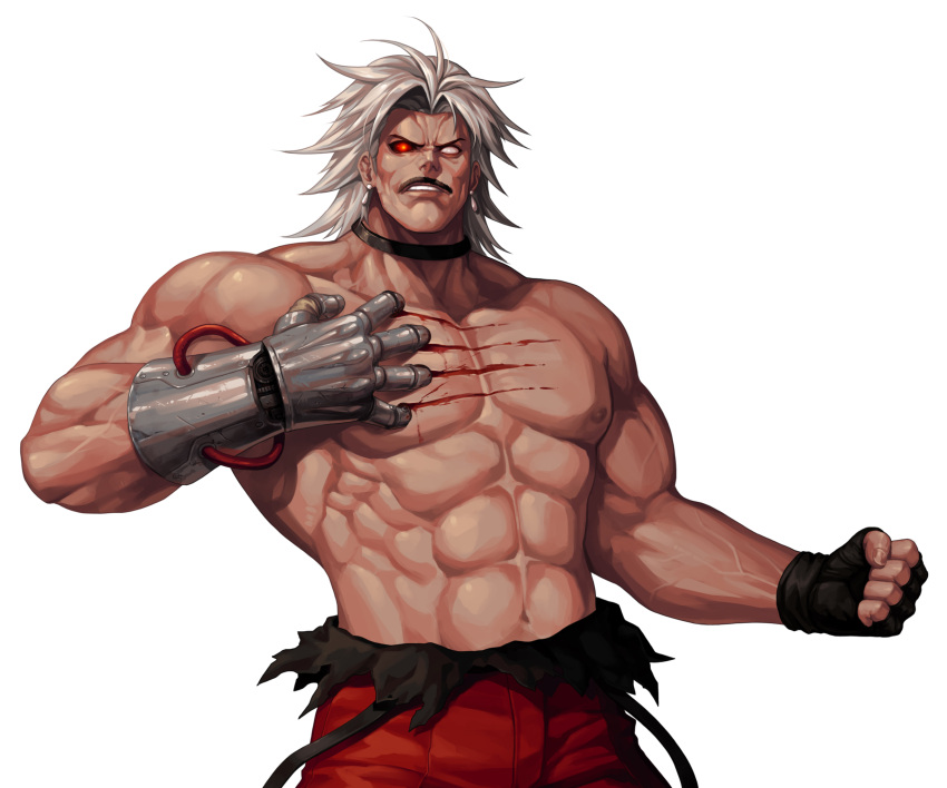 1boy, abs, bare_pecs, biceps, black_choker, black_gloves, bleeding, blood